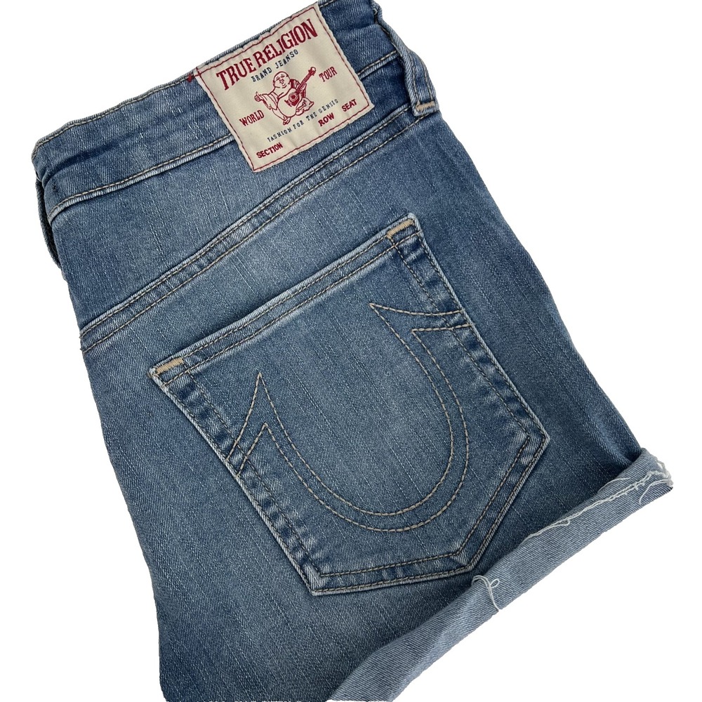 TRUE RELIGION Womens 30 Maisie Medium-Wash High-Rise Cut-Off/Raw Hem Jean Shorts